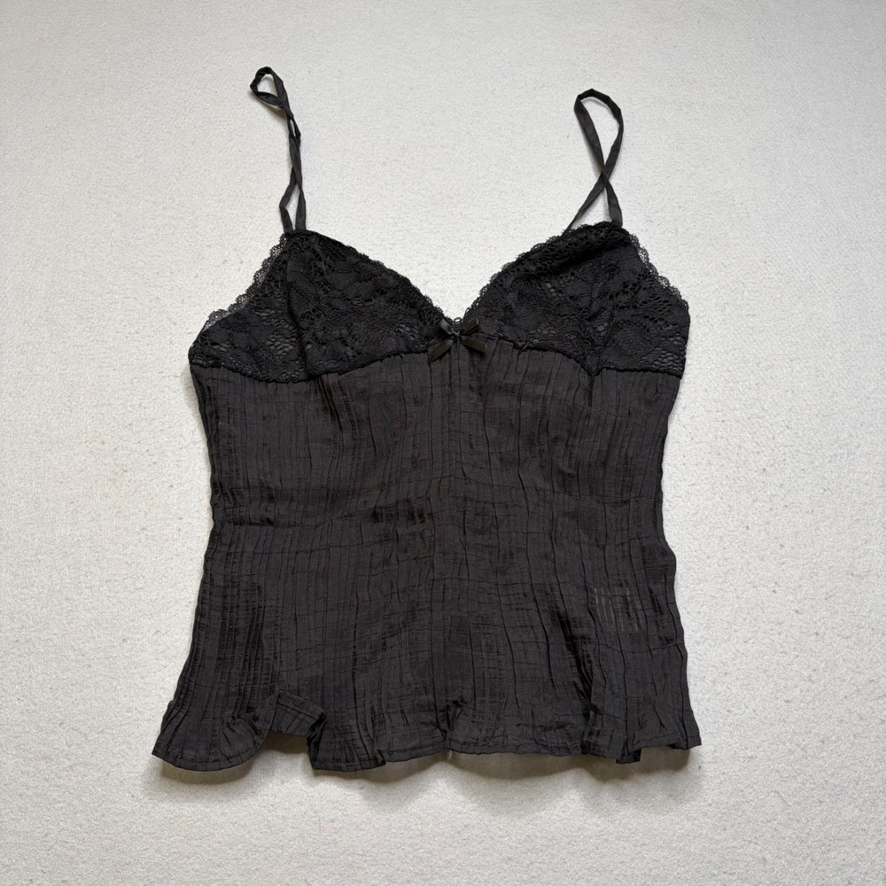 Unbranded Camisole Top Women XL Black Y2K Lace Trim Pleated Textured Strappy